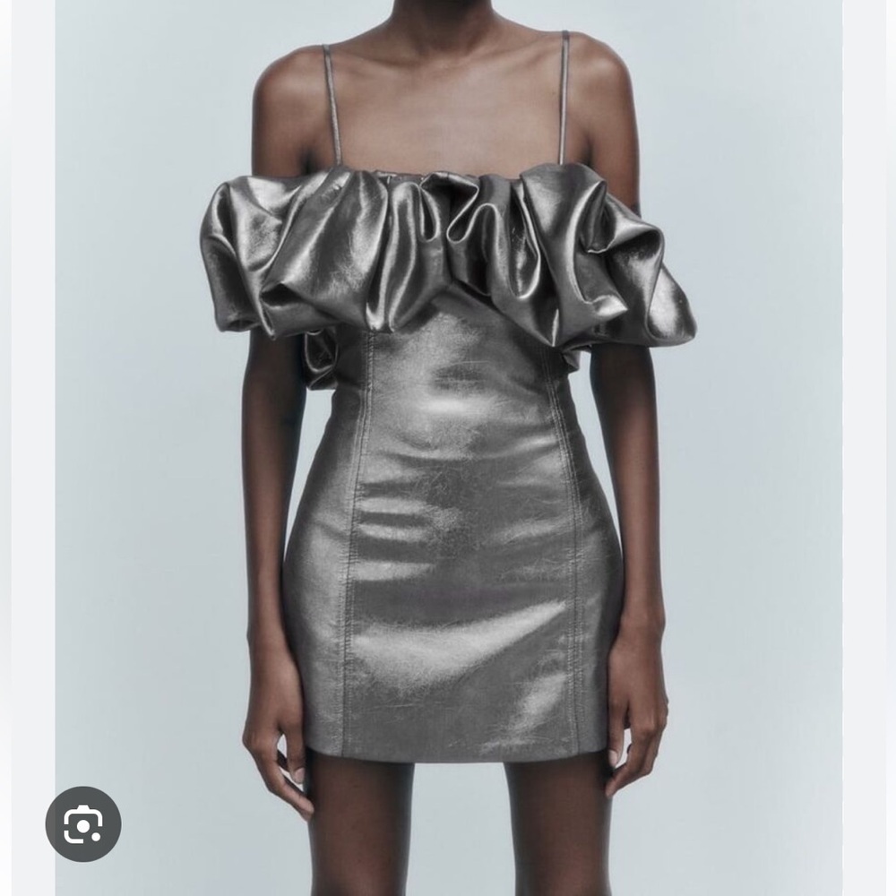 Zara Metallic Pewter Silver Voluminous Mini Dress